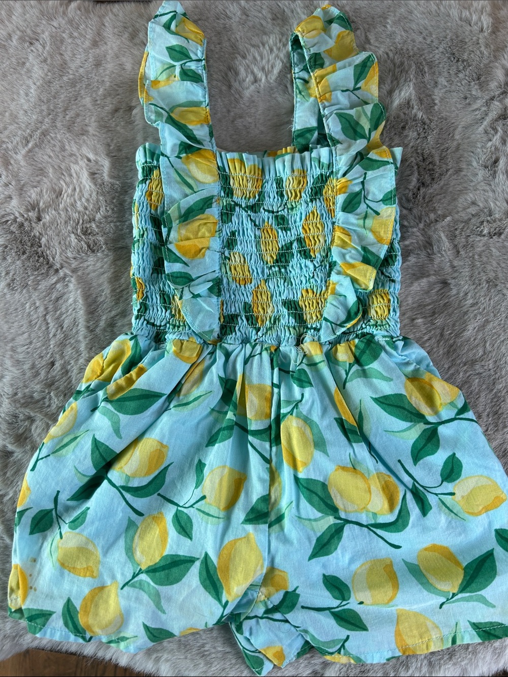 Janie and Jack Lemon Print Smocked Romper - Yellow & Green